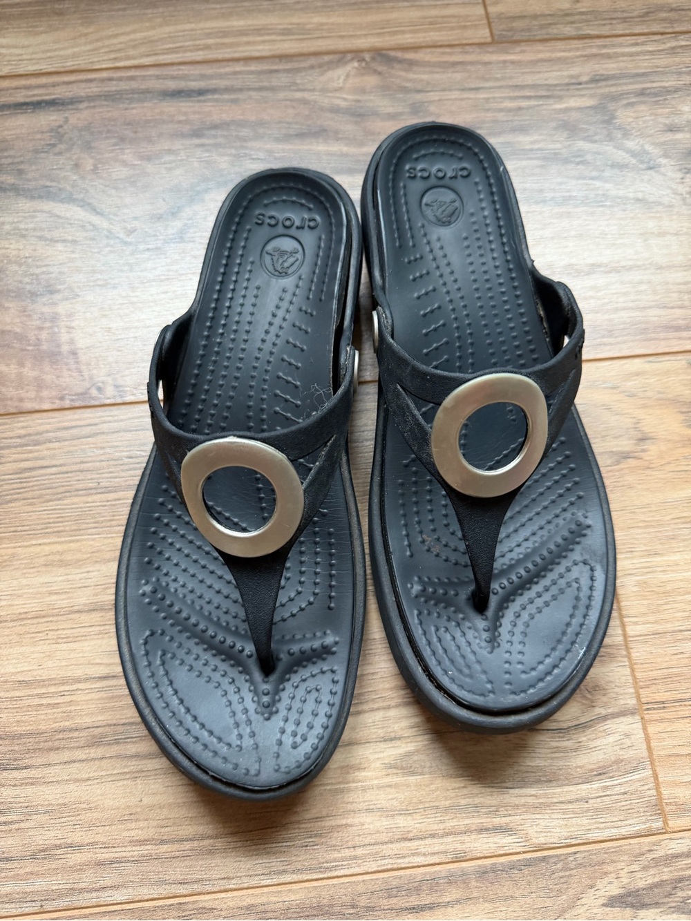 CROCS Women's Black Thong Sandals with Silver Ring Accent